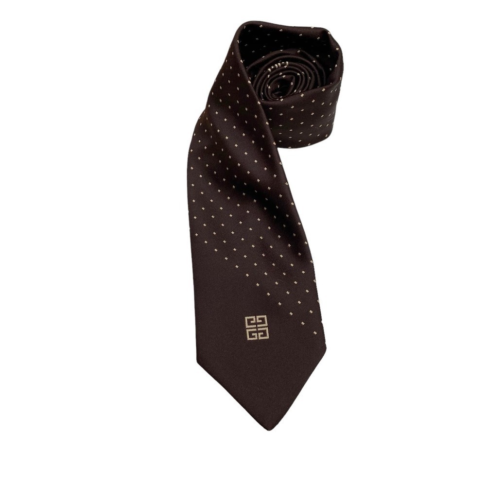 Vintage Givenchy Dark Brown & Tan Dots Large Logo Thick 100% Polyester Neck Tie